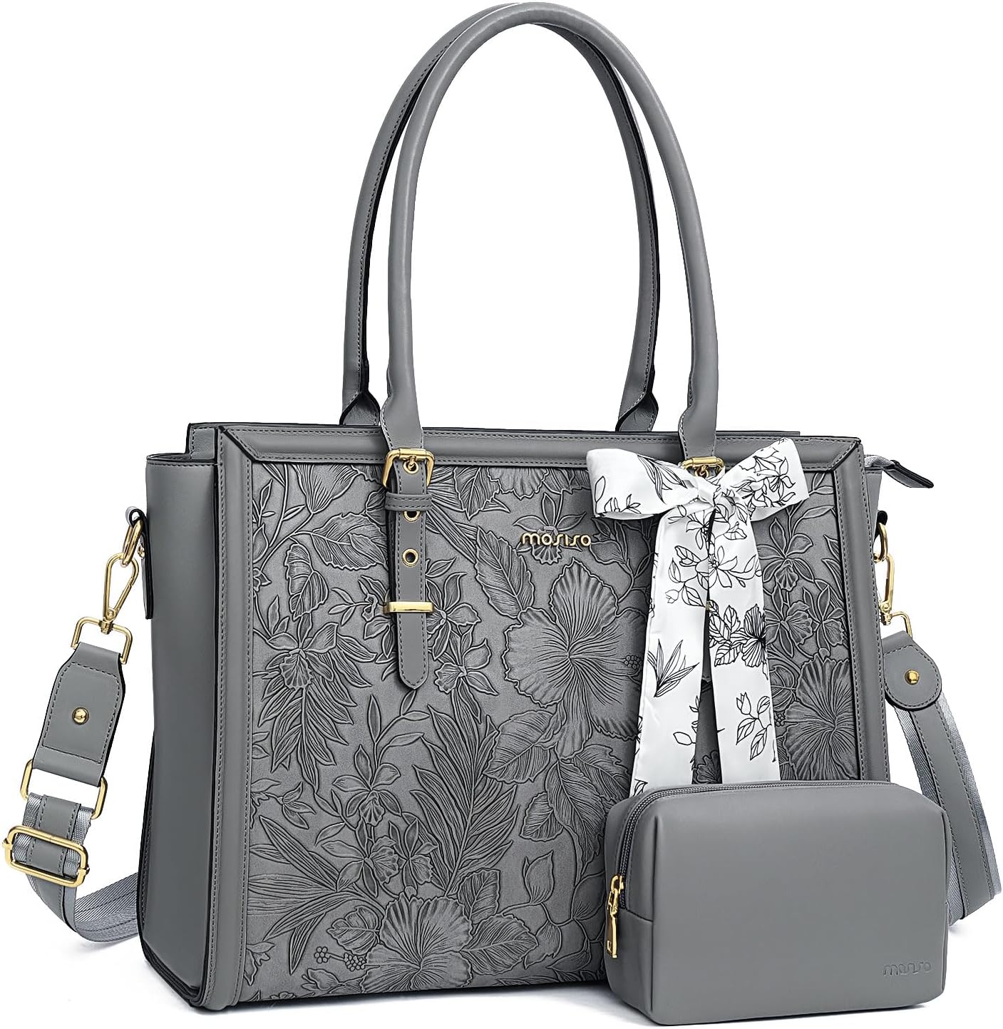 MOSISO Laptop Bag for Women, PU Leather Tote Bag, Front Embossed Retro Hibiscus Computer Bags with Silk Scarf&Clutch Purse