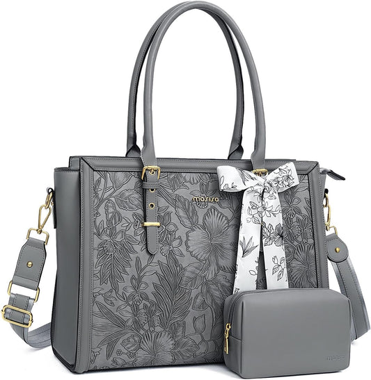 MOSISO Laptop Bag for Women, PU Leather Tote Bag, Front Embossed Retro Hibiscus Computer Bags with Silk Scarf&Clutch Purse