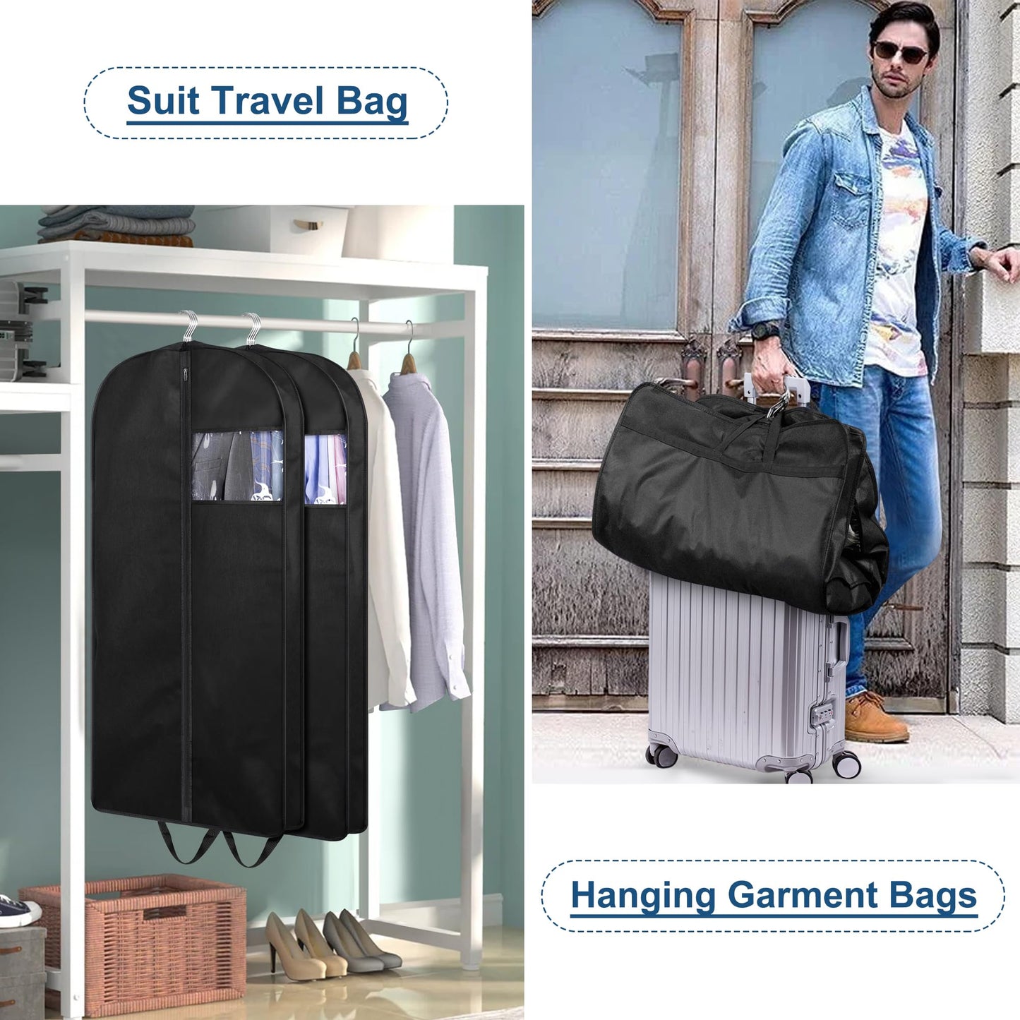 KIMBORA 43" Suit Bags for Closet Storage and Travel, Gusseted Hanging Garment Bags for Men Suit