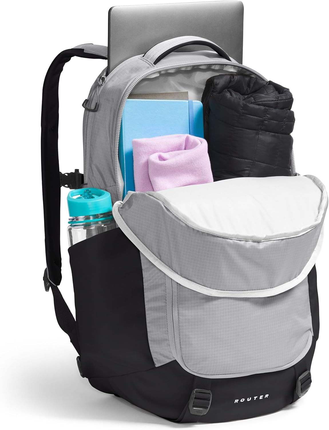 The North Face Router Everyday Laptop Backpack | Daypack with Water Repellent Finish, 17" Laptop Sleeve, Reflective Details, Meld Grey/TNF Black-NPF, One Size