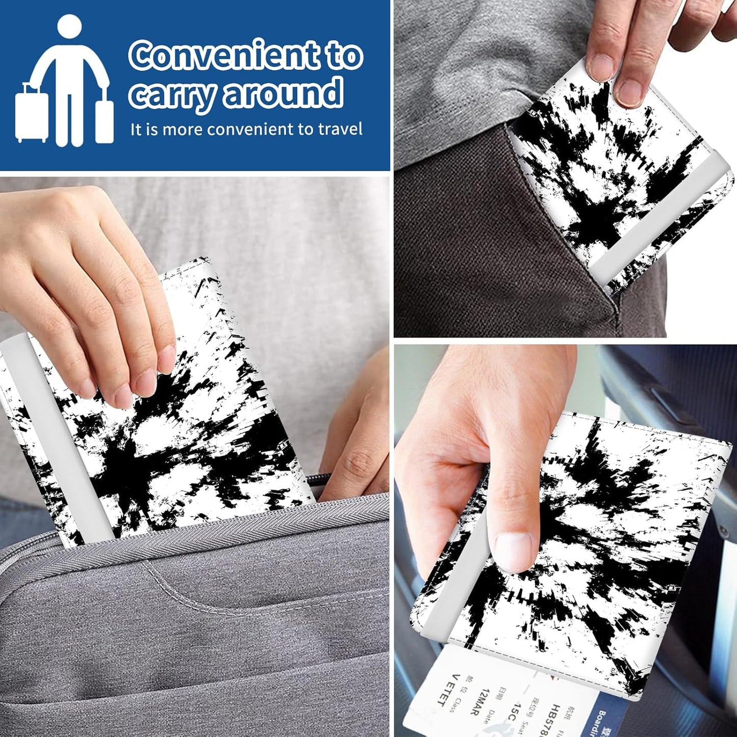 Passport Holder for Travel Essentials, Leather RFID Blocking Passport Wallet Cover Case, Cute Passport Book Holders for Women and Men Black White Cowhide