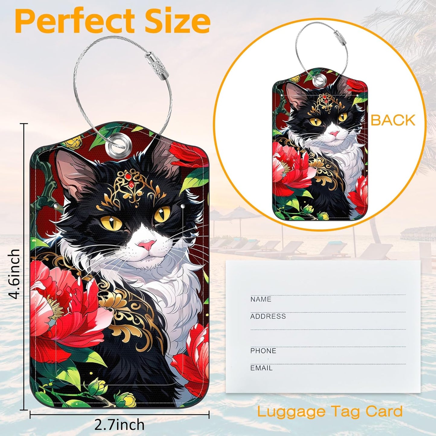 Luggage Tags for Suitcase 3 PCS Black Cat Leather Travel Luggage Tag with Stainless Steel Loop Name ID Label Privacy Cover for Women Men Travel