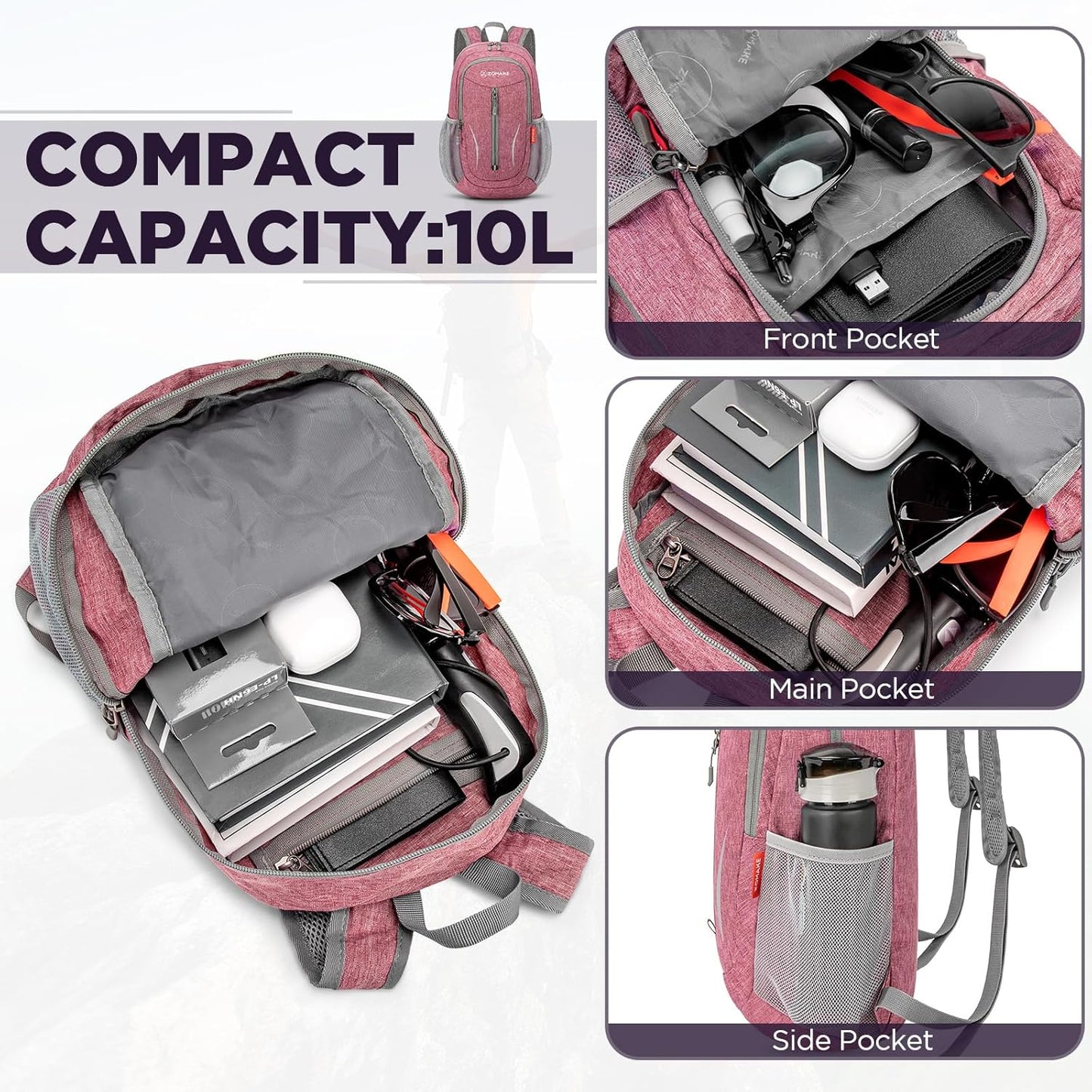 ZOMAKE Ultra Lightweight Packable Backpack 10L,Small Foldable Backpacks Hiking Water Resistant Collapsible Daypack for Women Men(Pink-C1)