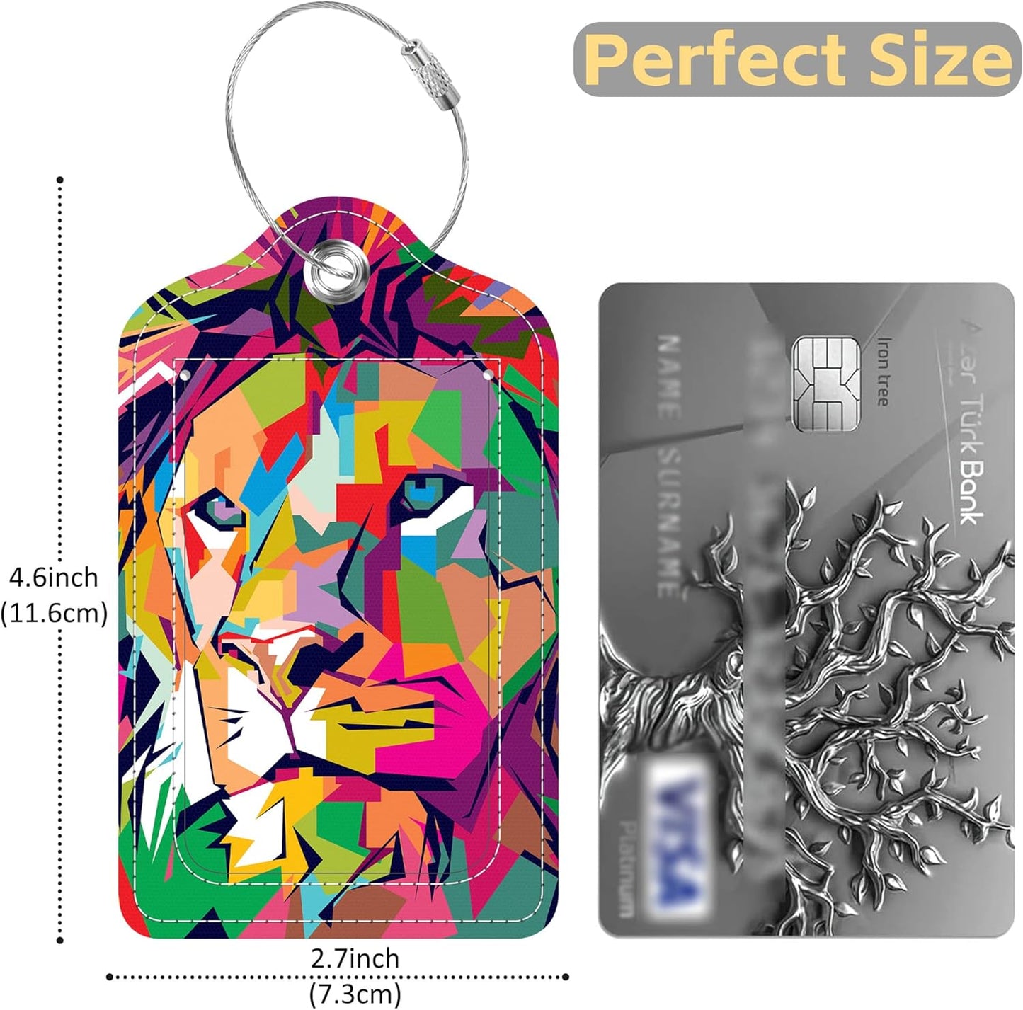 Luggage Tags for Suitcase Pop Art Lion 2 PCS Leather Travel Cruise Luggage Tag with Stainless Steel Loop Name ID Label Privacy Cover for Women Men Travel Bag Labels Set