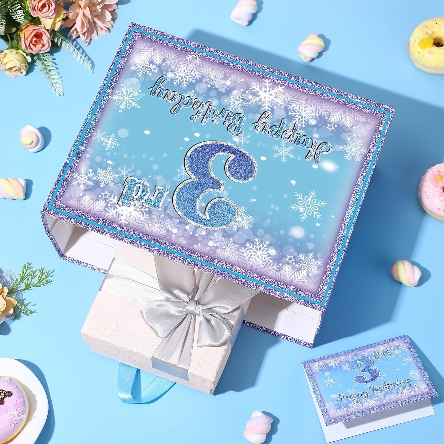 Frozen 3rd Birthday Gift Bag for Girls, Large Purple Blue Snowflake Third Birthday Bags with Tissue Paper and Greeting Card Snow Frozen 3 Years Old Party Favor Bags for Girls 3rd Bday Christmas Gift