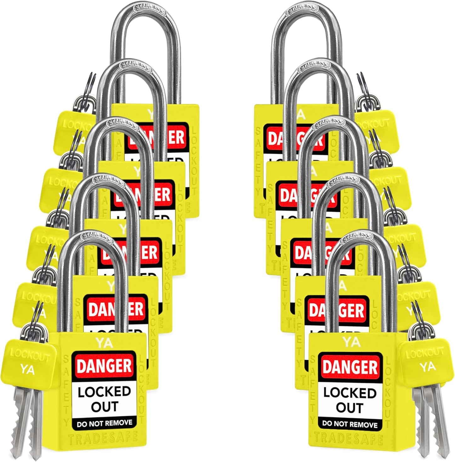 TRADESAFE Lockout Tagout Lock Sets, 10 Yellow Keyed Alike Unlimited Grouping Safety Padlocks, 2 Keys Per Lock, OSHA Compliant Loto Locks, for Lock Out Tag Out Kits