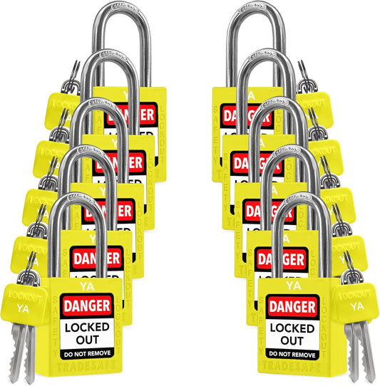 TRADESAFE Lockout Tagout Lock Sets, 10 Yellow Keyed Alike Unlimited Grouping Safety Padlocks, 2 Keys Per Lock, OSHA Compliant Loto Locks, for Lock Out Tag Out Kits