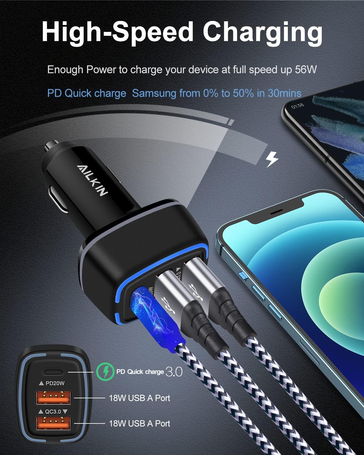 AILKIN 56W PD USB C Car Charger, Type-C Super Fast Power Charging Block 3-Port USB A & USBC Auto Cargador Carro Lighter Adapter for iPhone, iPad, Samsung Galaxy, LG, Google Pixel, Moto, USB-C&A Port