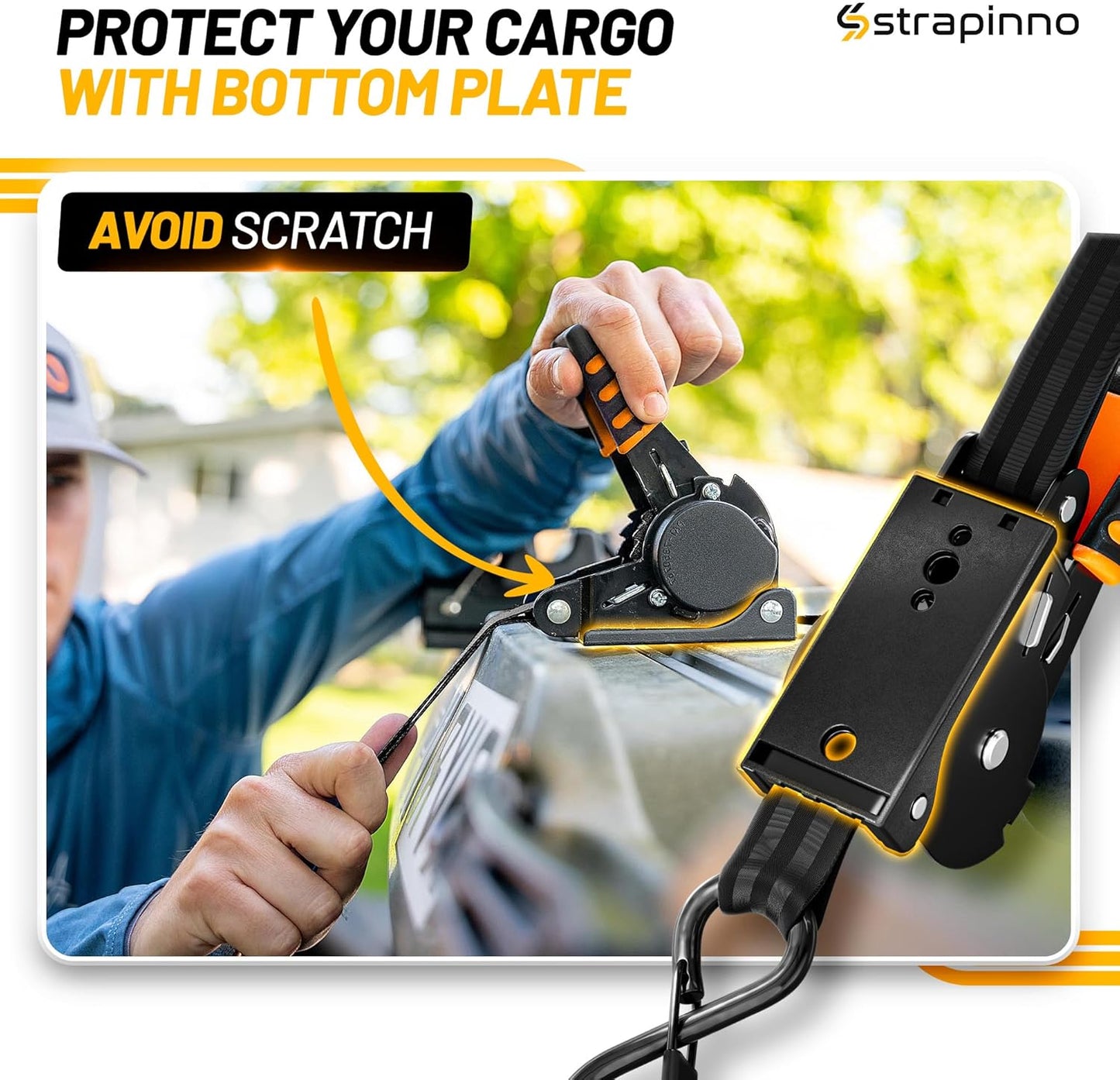 Strapinno Retractable Ratchet Straps 1 in x 10 ft, Secure Tie-Downs with Rubber-Coated Steel Handles, for Motorcycle, Jetski, Kayak, Breaking Strength 1,500LBS/680KG (Black Strap, Black Coated)