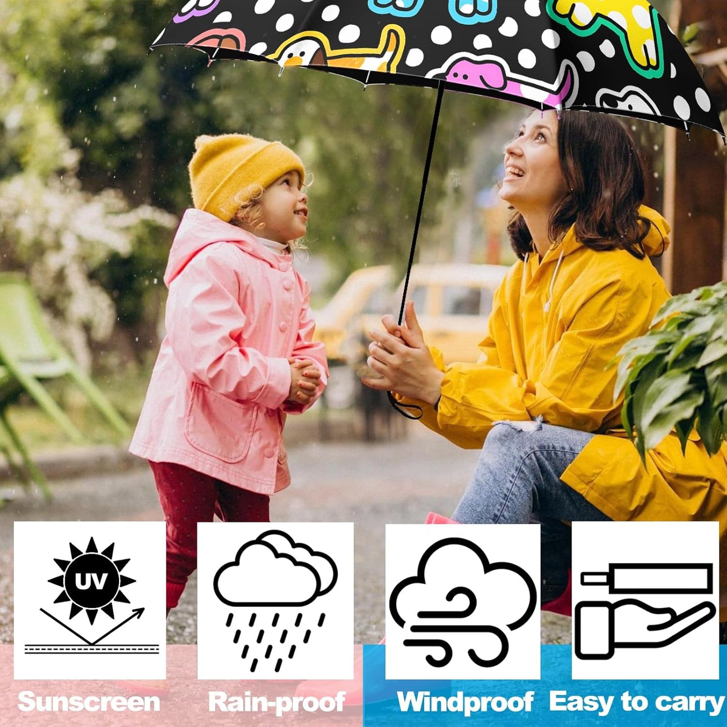 Small Travel Folding Umbrella for Girl, Portable, UV, SunShade, Compact, Automatic, Rain & Wind