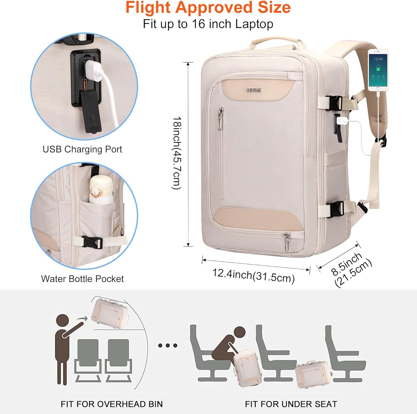 PIJUSHI Travel Backpack for Women Flight Approved Carry on Bag 16 inch Laptop Personal Item Daypack with Shoe Compartment(PE038 Beige)