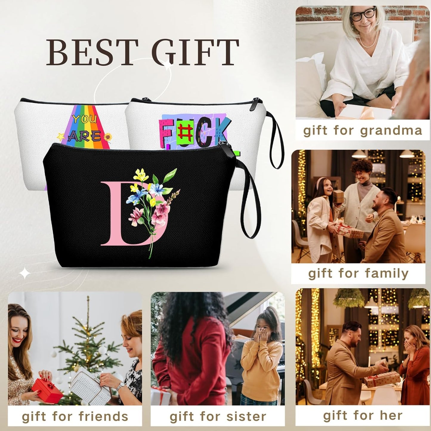 SEAMOON Women Birthday Unique Initial Funny Gifts for Teenage Girl Sister Friends Bridesmaid Personalized Travel Make up Cosmetic Bag with Mirror Valentines Mothers Day Christmas Graduation D