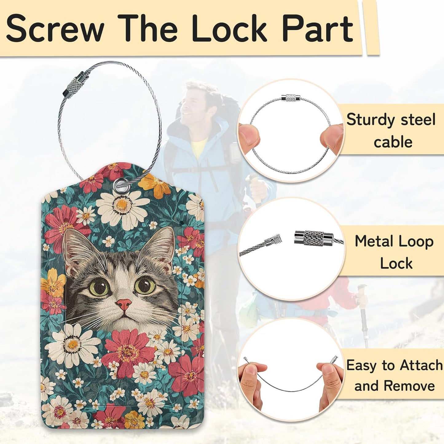 Cute Cat Luggage Tags for Suitcase,3 Pack Blooming Colorful Flowers Luggage Tag Leather Privacy Cover ID Label with Stainless Steel Loop for Women Men
