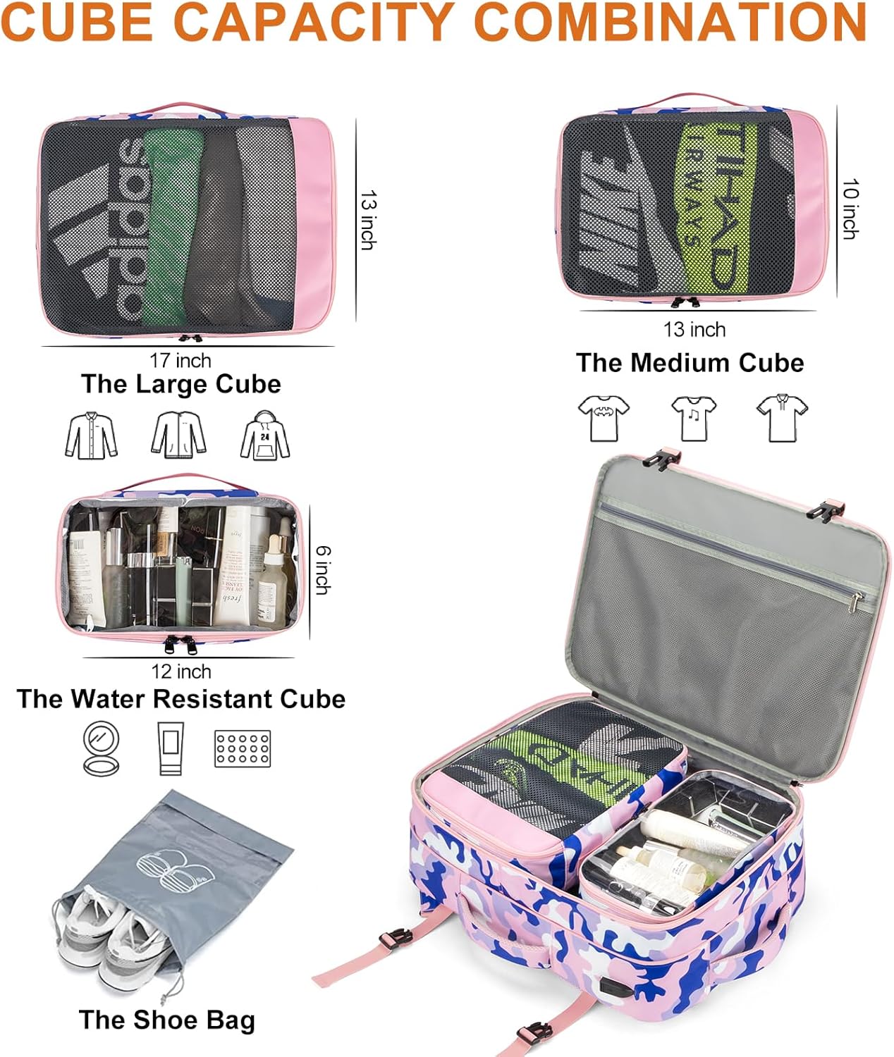 Lumesner Carry on Travel Backpacks, Extra Large 40L Flight Approved for Men & Women,Expandable Suitcase backpack (Camouflage Pink(Backpack With 4 Packing Cubes))