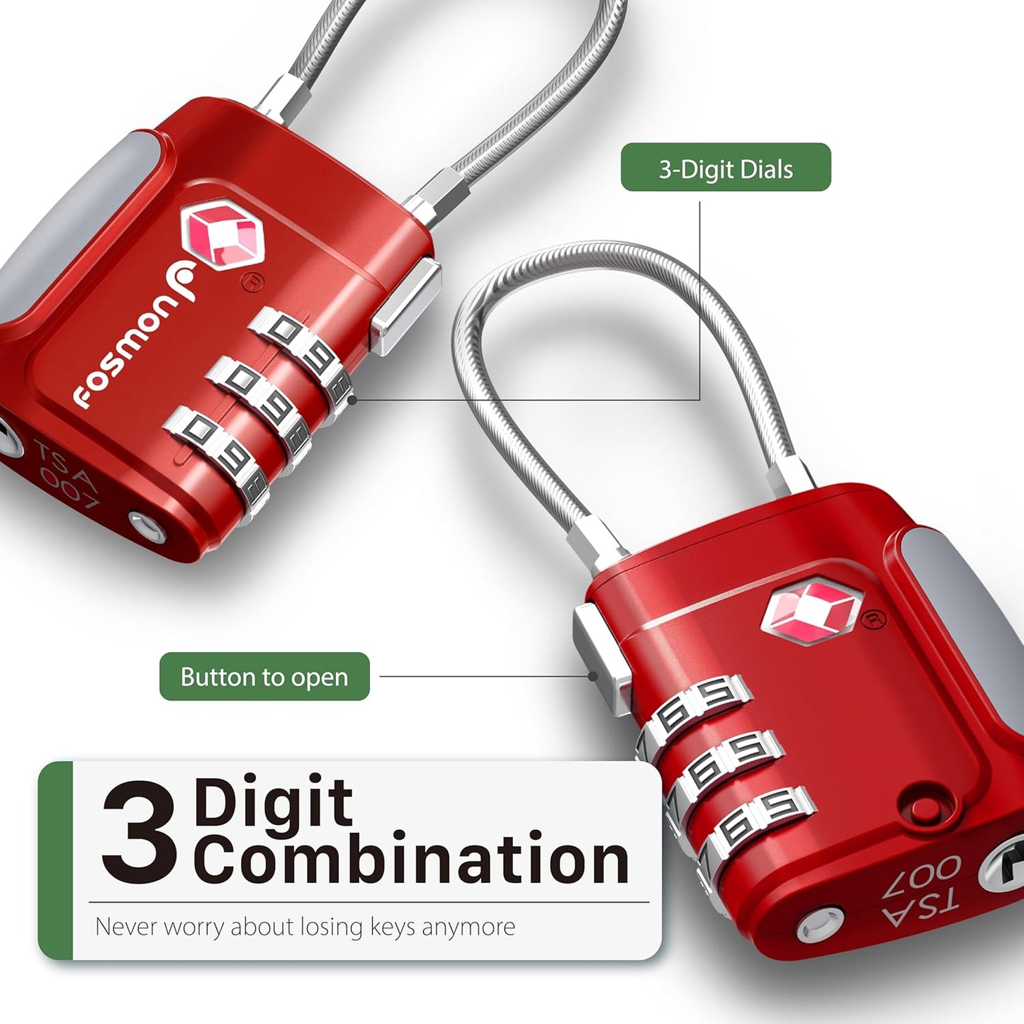 Fosmon TSA Approved Cable Locks for Luggage, Suitcase Locks with Push Release Button, 3 Digit Long Shackle Combo Wire Locks for Backpack, Gym Locker