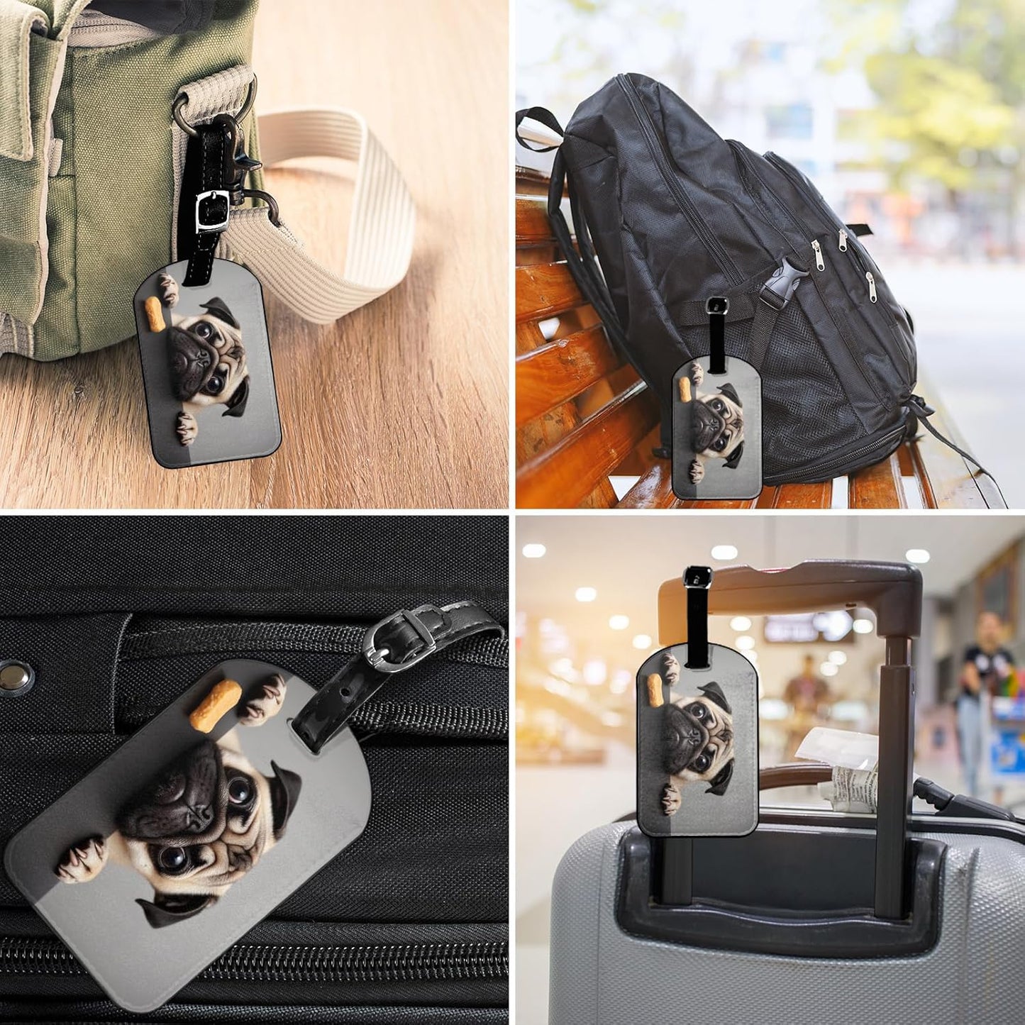 Cute Sad Pug Suitcase Tags Identifiers Adorable Puppy Looks at A Cookie Big Eyes Pet PU Leather ID Label for Women Men Travel Baggage Bag Tags Set, 1 Pack