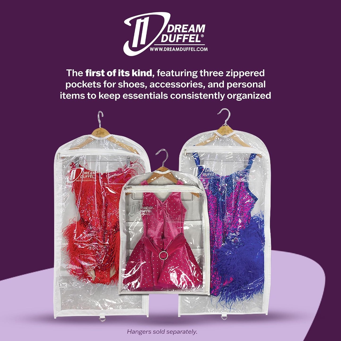 Clear Garment Bags for Dance Costumes 3-Pack, Regular-Size, Side Zipper Entry, Storage Pockets for