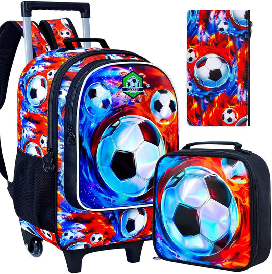 3PCS Rolling Backpack for Boys, Kids Roller Bookbag with Wheels, Soccer Wheeled School Backpack for Elementary Preschool Kindergarten(Fire-Ice)