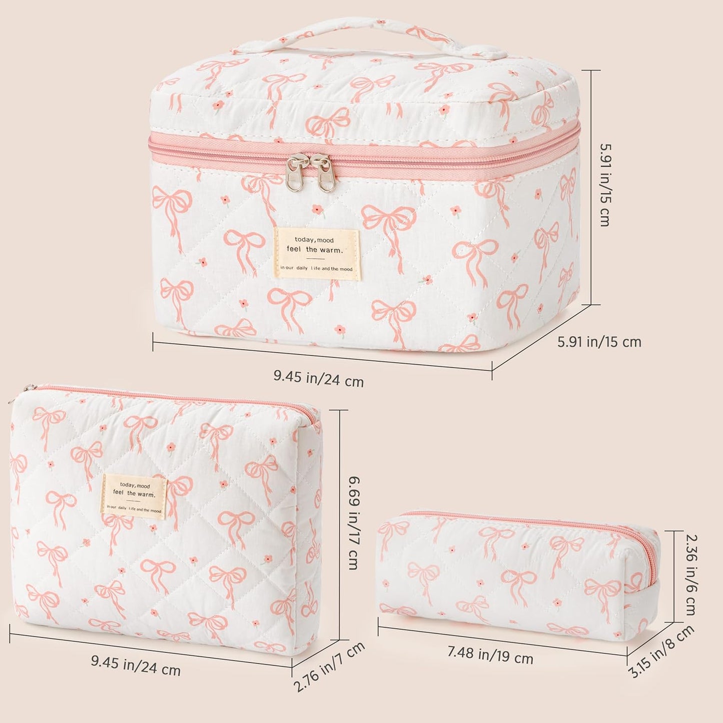HBselect Quilted Makeup Bag, 3PCS Cotton Large Travel Makeup Bag, Cute Floral Coquette Make up Bag Cosmetic Bag Toiletry Bag for Women Girls