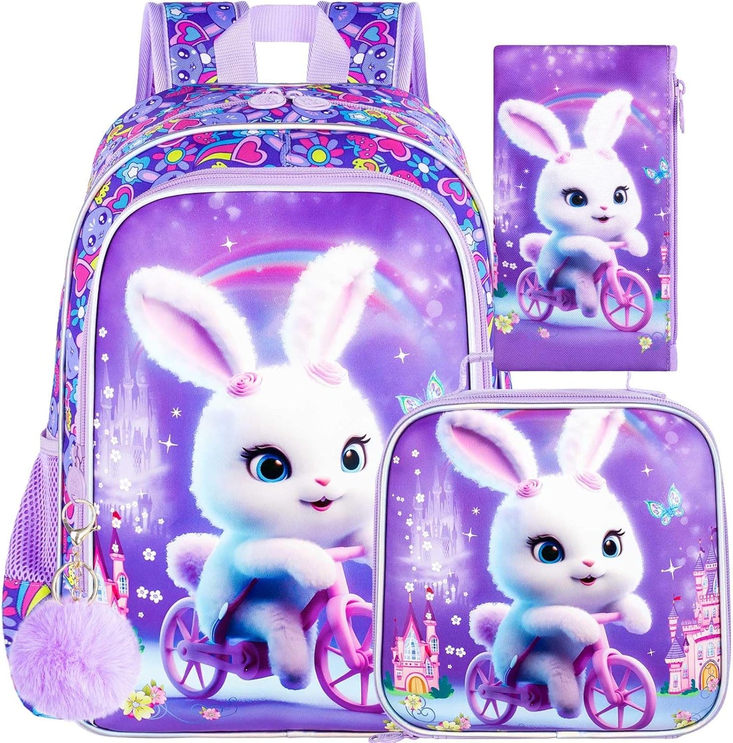 3PCS Girls Rabbit Bookbag, 16" Kids Backpackwith Lunch Box, Water Resistant School Bag for Elementary Prechool Toddler