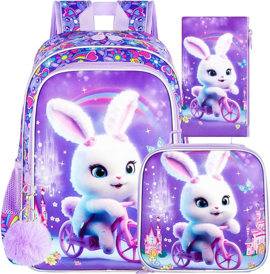3PCS Girls Rabbit Bookbag, 16" Kids Backpackwith Lunch Box, Water Resistant School Bag for Elementary Prechool Toddler