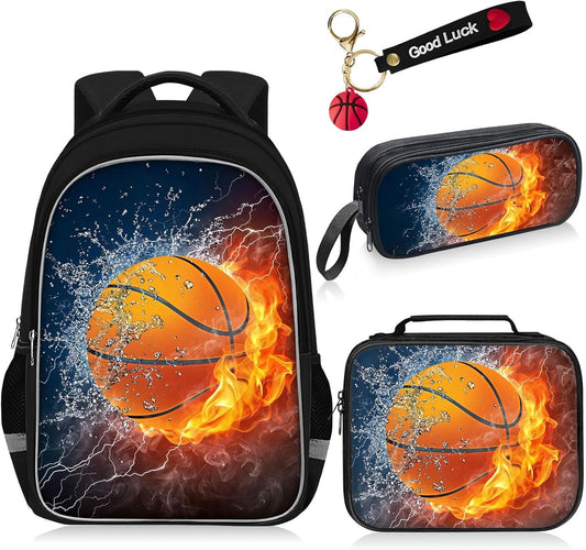 School Backpack for Boys - 4pcs American Football Boys Backpack with Lunch Box Set for Kids Children Teens Elementary Middle School - 17″ Sport Bookbag Travel Back Pack for Age 6-18