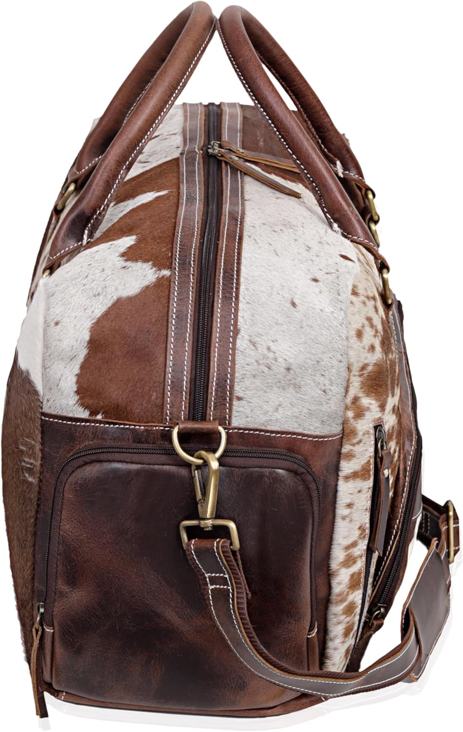 Leather Duffel Bag for Men & Women, Genuine Weekender Travel Bag, Handmade Overnight Gym Bag with Shoulder Strap, Carry-On for Business & Outdoor Travel (Yukon Hair Duffle, Brown & White, 22 Inch)