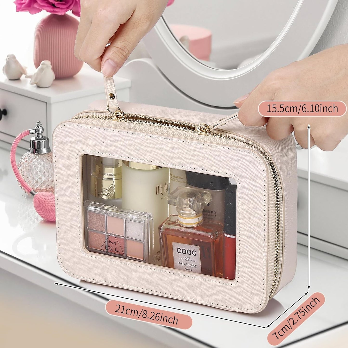 Clear Travel Makeup Bag with Brush Case Portable Transparent Cosmetic Bag and Toiletry Bag Waterproof Makeup Organizer with Zipper Car Essential for Women (Beige, M+Slim)