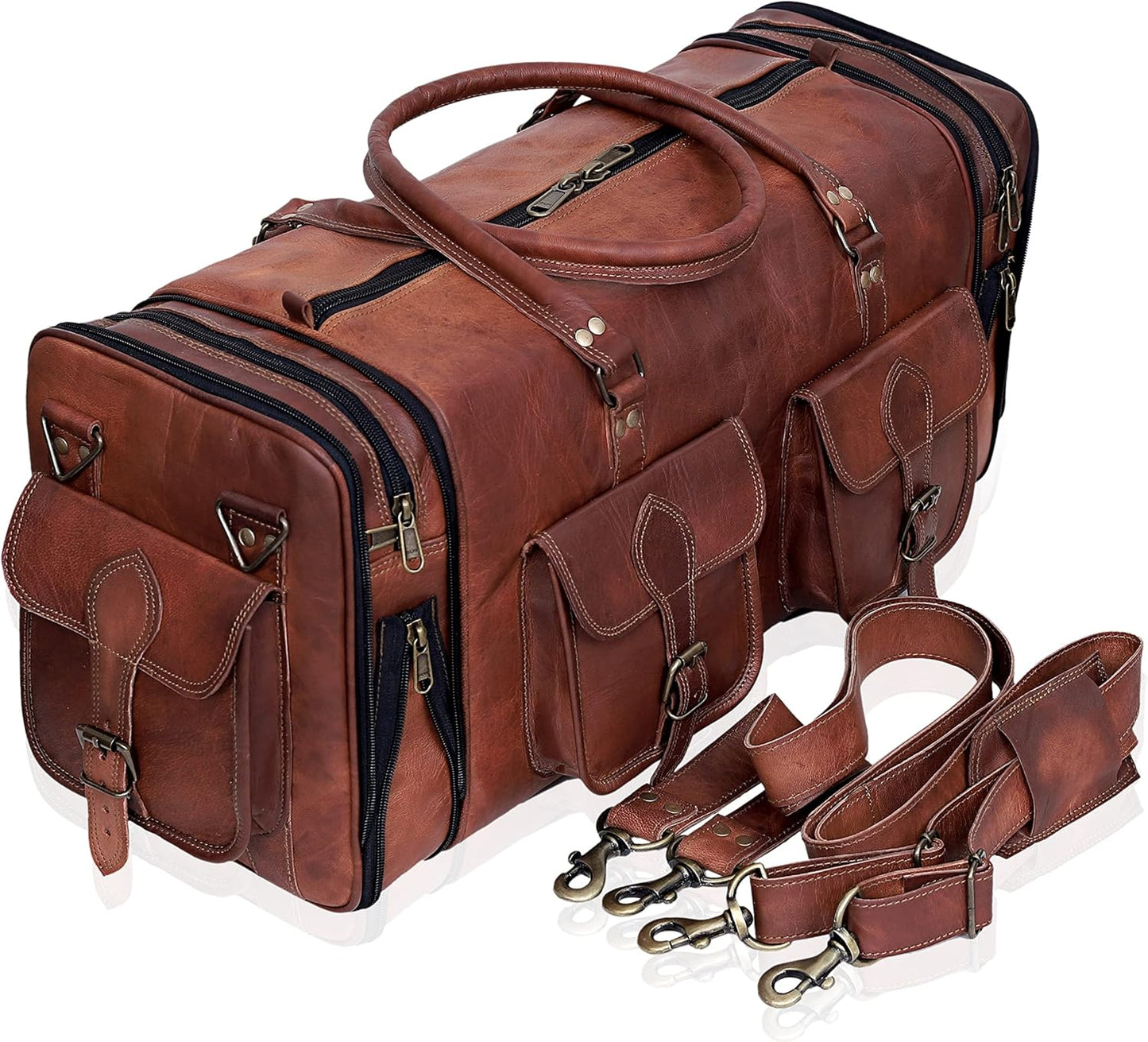 Genuine Leather Duffle Bag 24 Inch Handmade Vintage Travel Case Luggage Bags for Men, Overnight Carry On Duffel Bag Medium Weekender Gym Bag for Men and Women