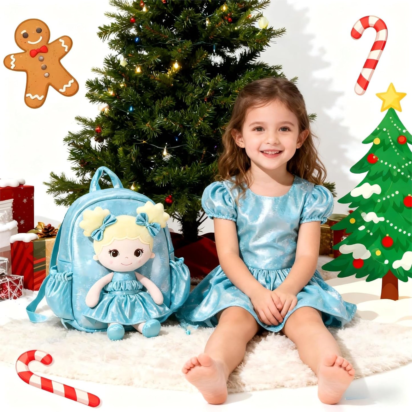 Lazada Toddler Backpack - Baby Girl Gifts Curly Fingerprints Plush Doll Dress Backpack - Fashion Girls Curly Rolled Fingerprints Series - Lake Blue 11 Inches
