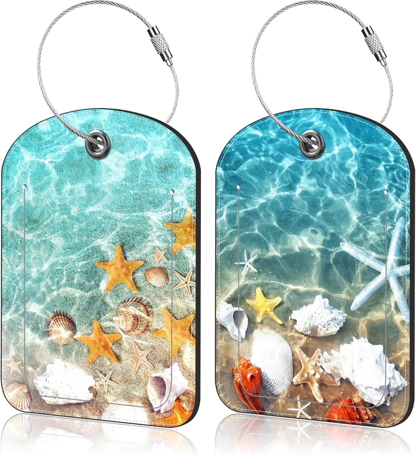 2 PCS Leather Luggage Tags for Suitcase Starfish Coral Seashell on The Beach Travel Luggage Tag with Privacy Flap Name ID Label and Metal Loop for Travel Bag Suitcase
