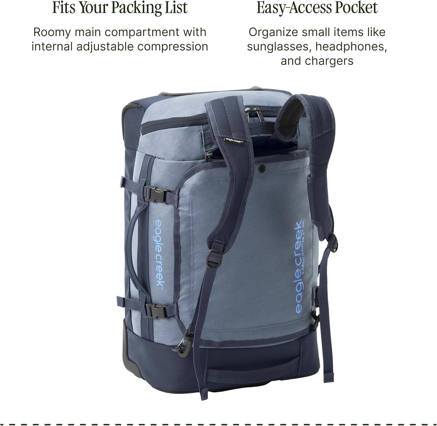 Eagle Creek Cargo Hauler XT Wheeled Duffel - Wheeled Backpack Duffel - Deployable Backpack Straps - Lockable U-Lid & Easy Access Compartment - Glacier Blue