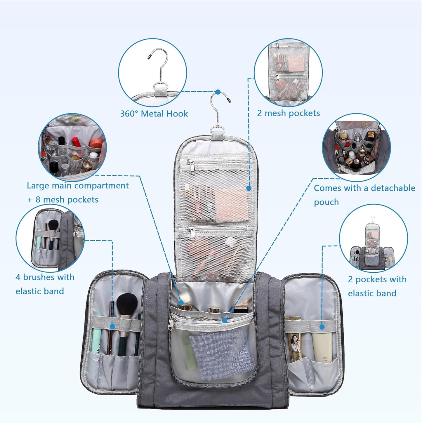 Hanging Toiletry Bag for Men, Travel Makeup with Metal Swivel Hook, Organizer for Full Sized Cosmetics and Toiletries, Water-Resistant Nylon, Grey