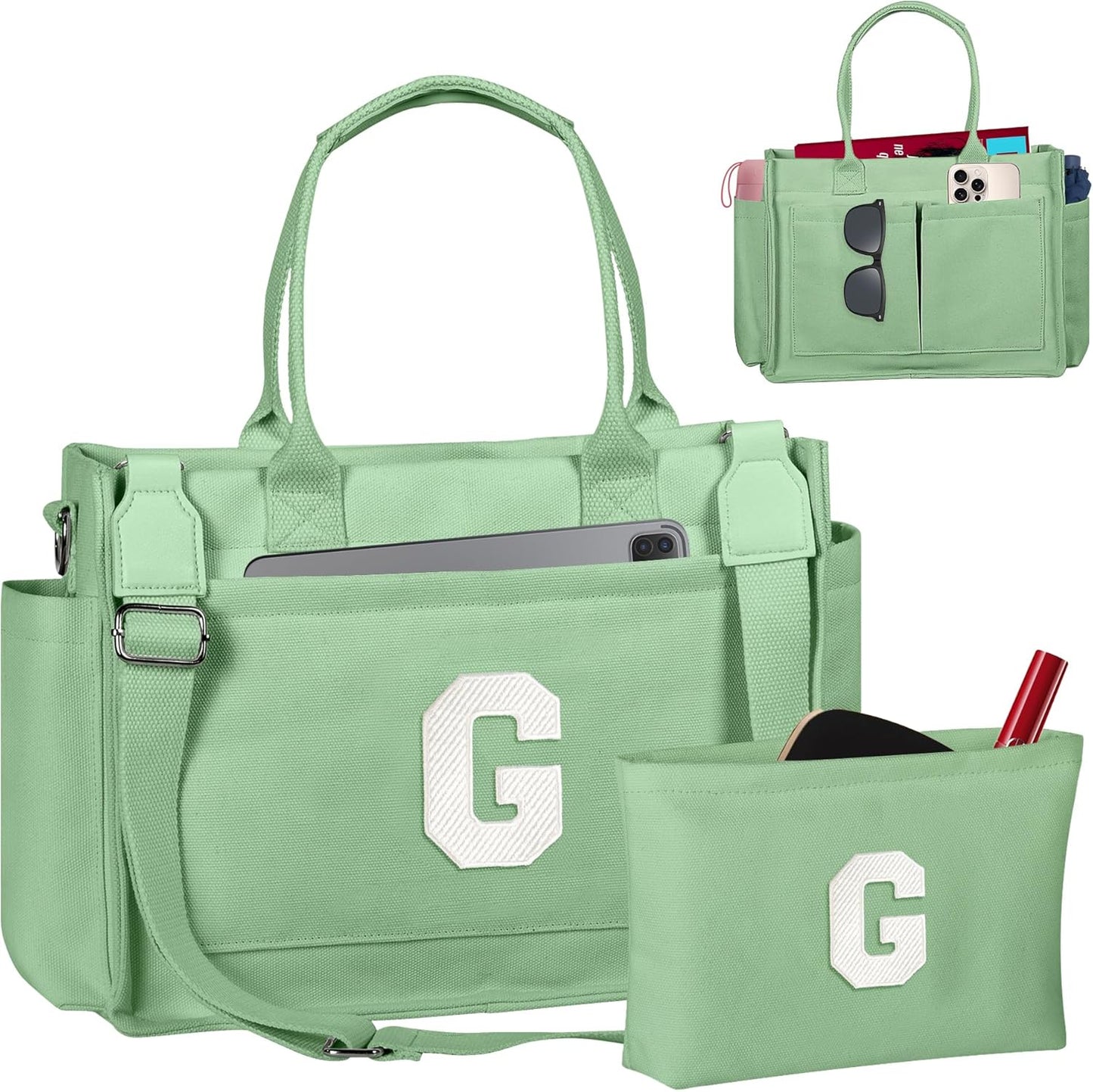 Gifts for Women Teen Girls, Initial Tote Bag with Zipper, Letter Canvas Tote Purse for College Work Laptop Beach