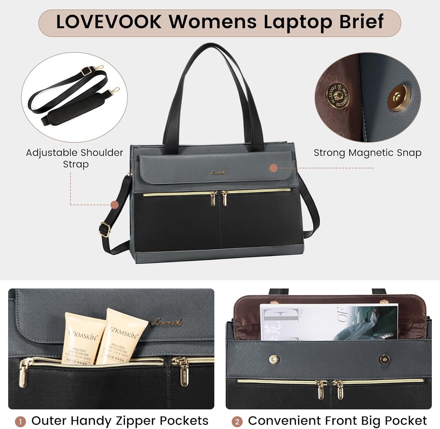 LOVEVOOK Laptop Tote for Women - 15.6 Inch Professional Leather Computer Briefcase - Waterproof