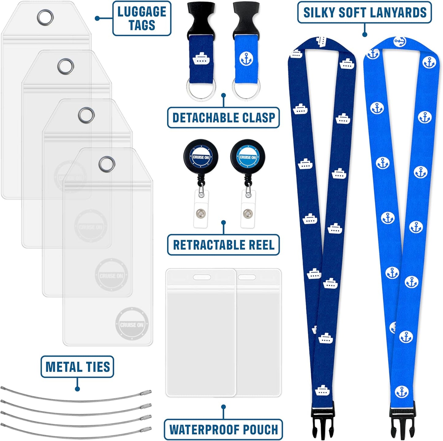 Carnival Cruise Luggage Tag Holders (4 Pack) & Lanyards (2 Pack), Large, Clear & Waterproof, Cruise Essentials 2025-2026 for Ship Cards & Baggage – Durable Travel Accessories (Blue & Royal)