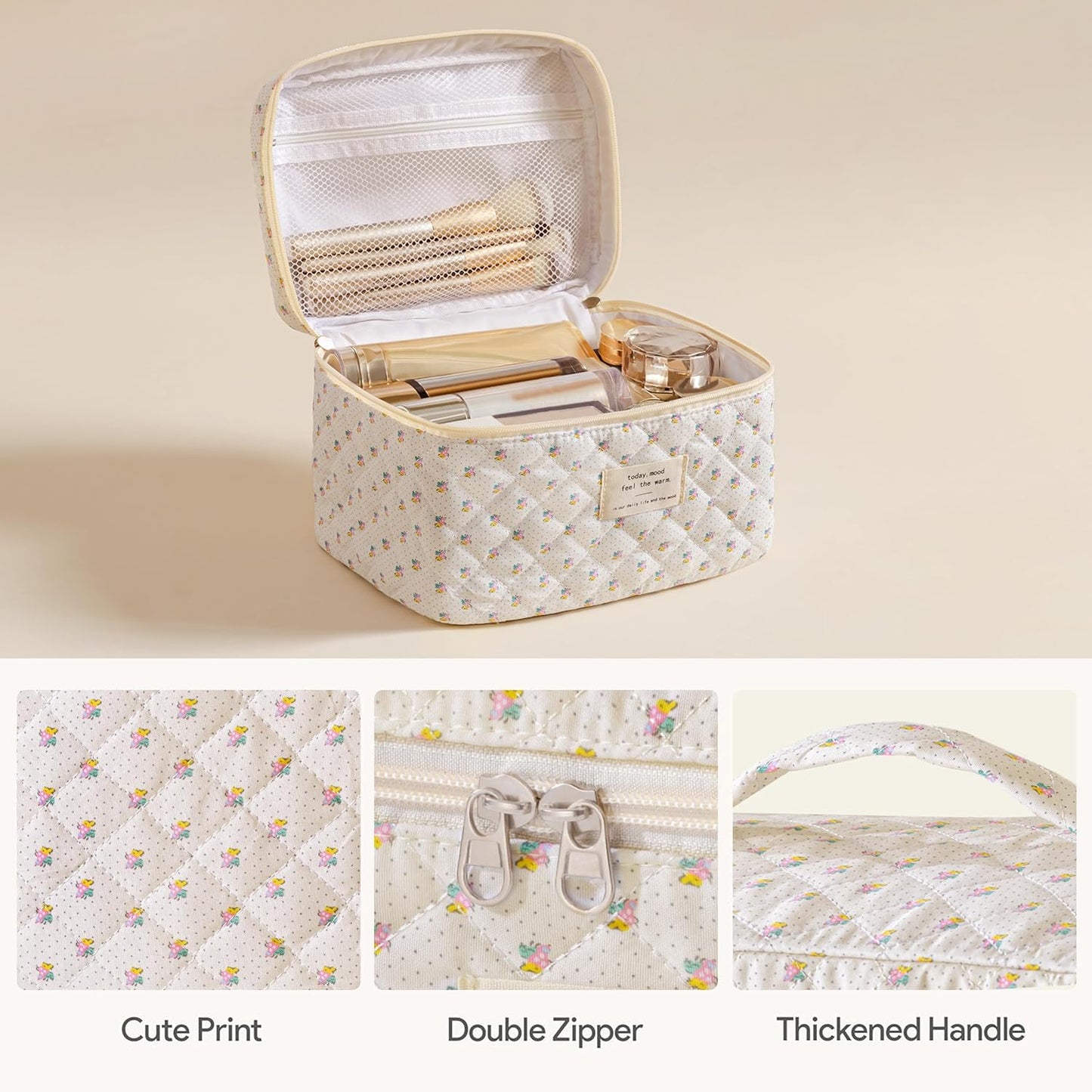 HBselect Quilted Makeup Bag, 3PCS Cotton Large Travel Makeup Bag, Cute Floral Coquette Make up Bag Cosmetic Bag Toiletry Bag for Women Girls