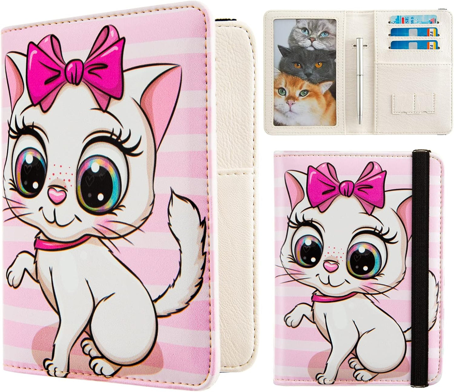 Passport Holder Cover Travel RFID Blocking Passport Cover Cute Cat Passport Wallet with Elastic Band for Women