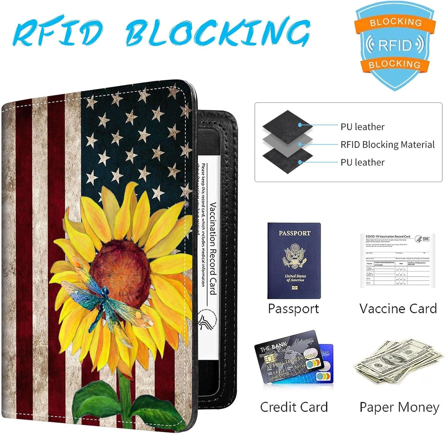 Passport Holder Cover Wallet Travel Essentials RFID Blocking Case Leather Passport Cover Wallet Vaccine Card Slot Organizer for Men Women, Flag Sunflower