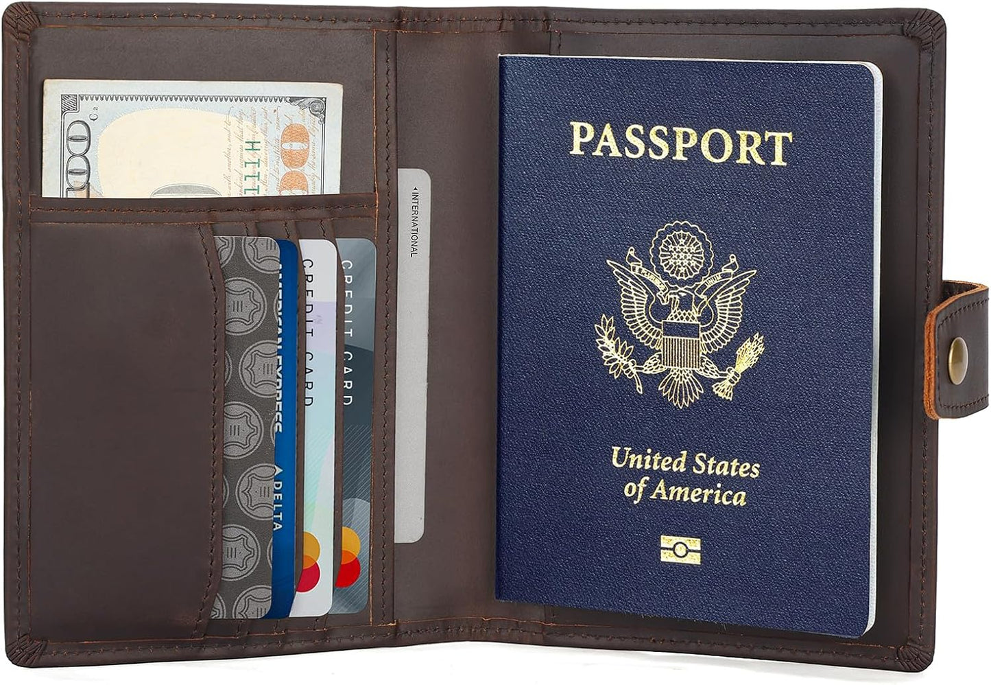 Polare Slim RFID Blocking Leather Passport Holder Travel Bifold Wallet For Men (Dark Brown(Snap Version))
