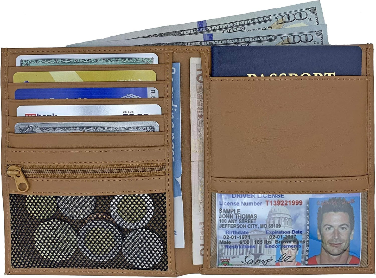 Light Brown RFID Genuine Leather Passport Wallet