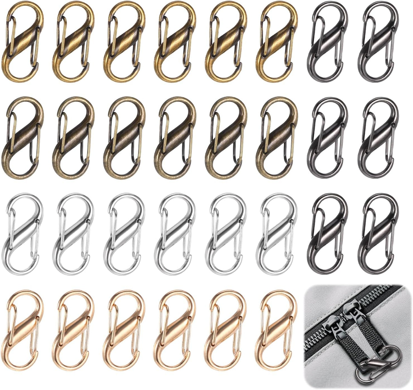 30PCS Zipper Clips Anti Theft, S Mini Carabiner Zipper Lock Set with Dual Opening Locks, Durable S Carabiner Clip Quick Disconnect for Backpacks Purses Luggage Travel Bags Camping Suitcases, Multi