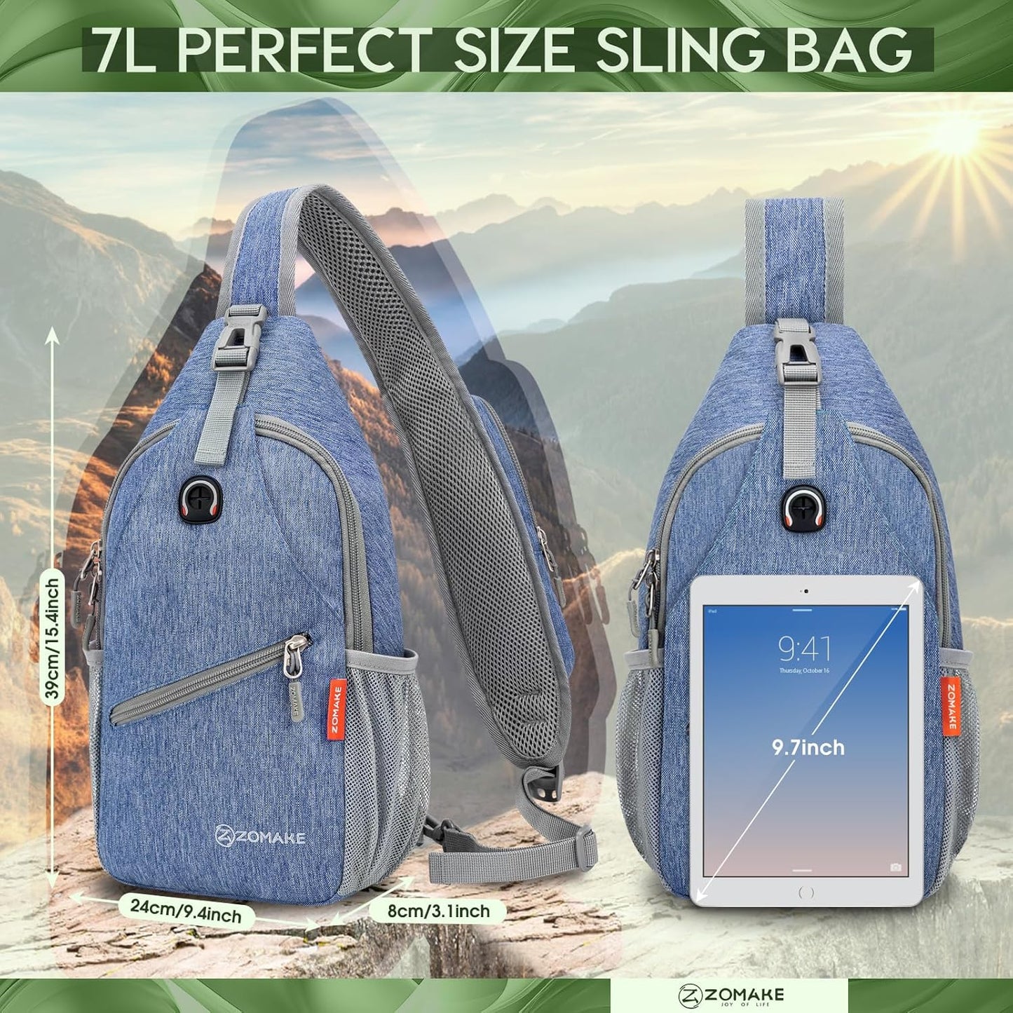 ZOMAKE Sling Bag,Small Crossbody Sling Backpack,Water Resistant Shoulder Daypack for Travel,Anti Thief Chest Bag for Hiking(Light Blue)
