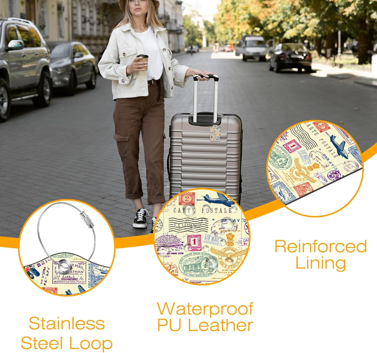 3 Pack Luggage Tag for Suitcase Vintage Travel Stamp Leather Travel Cruise Luggage Tag with Stainless Steel Loop Name ID Label Privacy Cover for Adults Teens Travel Bag Labels Set