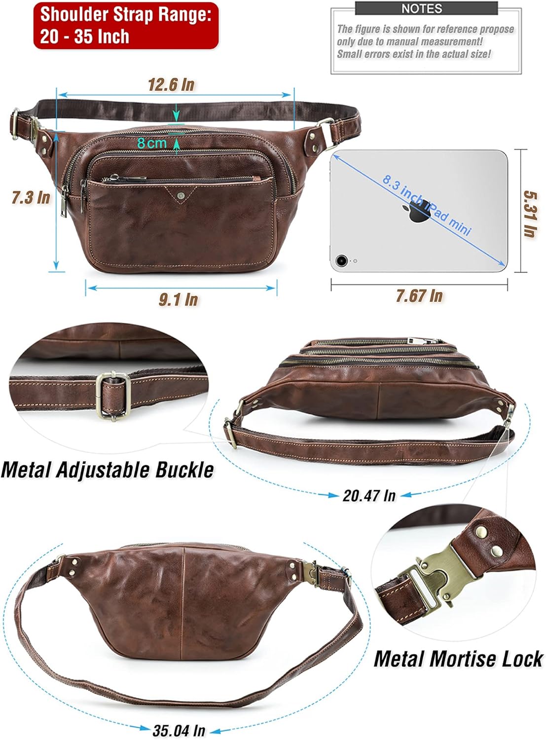 Top Grain Genuine Leather Slim Fanny Pack for Man & Woman, Vintage Design & 5 Pockets & Adjustable Strap, Fully Handmade, Large Capacity Waist Pack Crossbody Belt Bag for Travel or Ride, Red Coffee