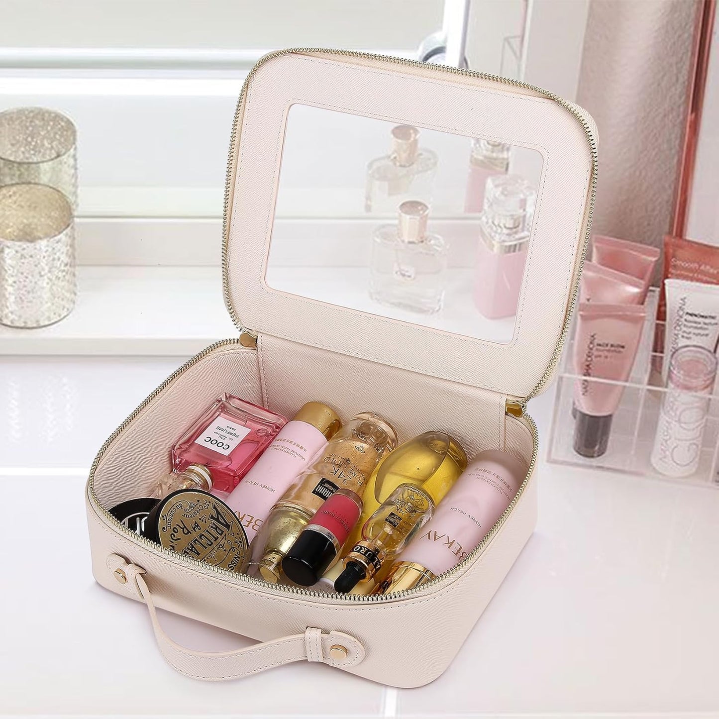 Clear Travel Makeup Bag with Brush Bag Portable Transparent Cosmetic Bag and Toiletry Bag Waterproof Clear Makeup Bag with Zipper Car Bag for Women (Beige, L+Slim)