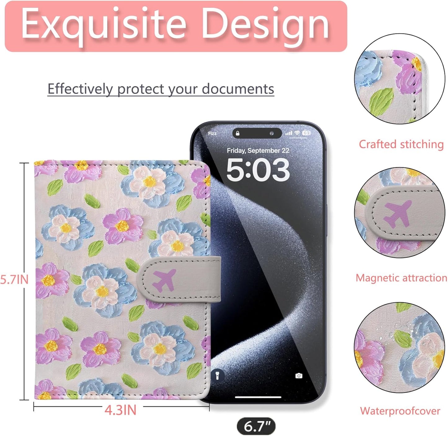 Passport Holder, Travel Wallet Cover with Pen Loop | Cute RFID Blocking Leather Case with Magnetic Closure for Travel Essentials-Flower