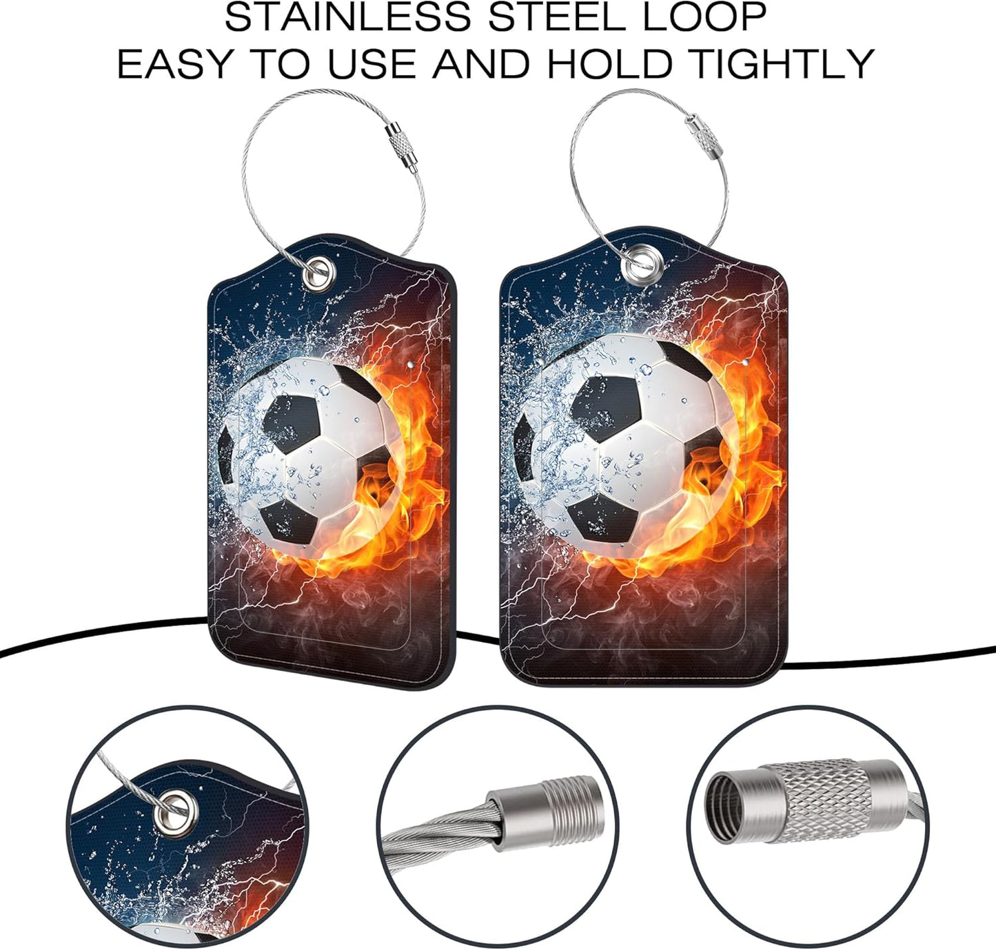 2 Pack Luggage Tags for Suitcase,Soccer in Fire and Water PU Leather Idea Baggage Tag with Name Labels Privacy Cover Metal Ring Men and Women Travel Cruise Labels