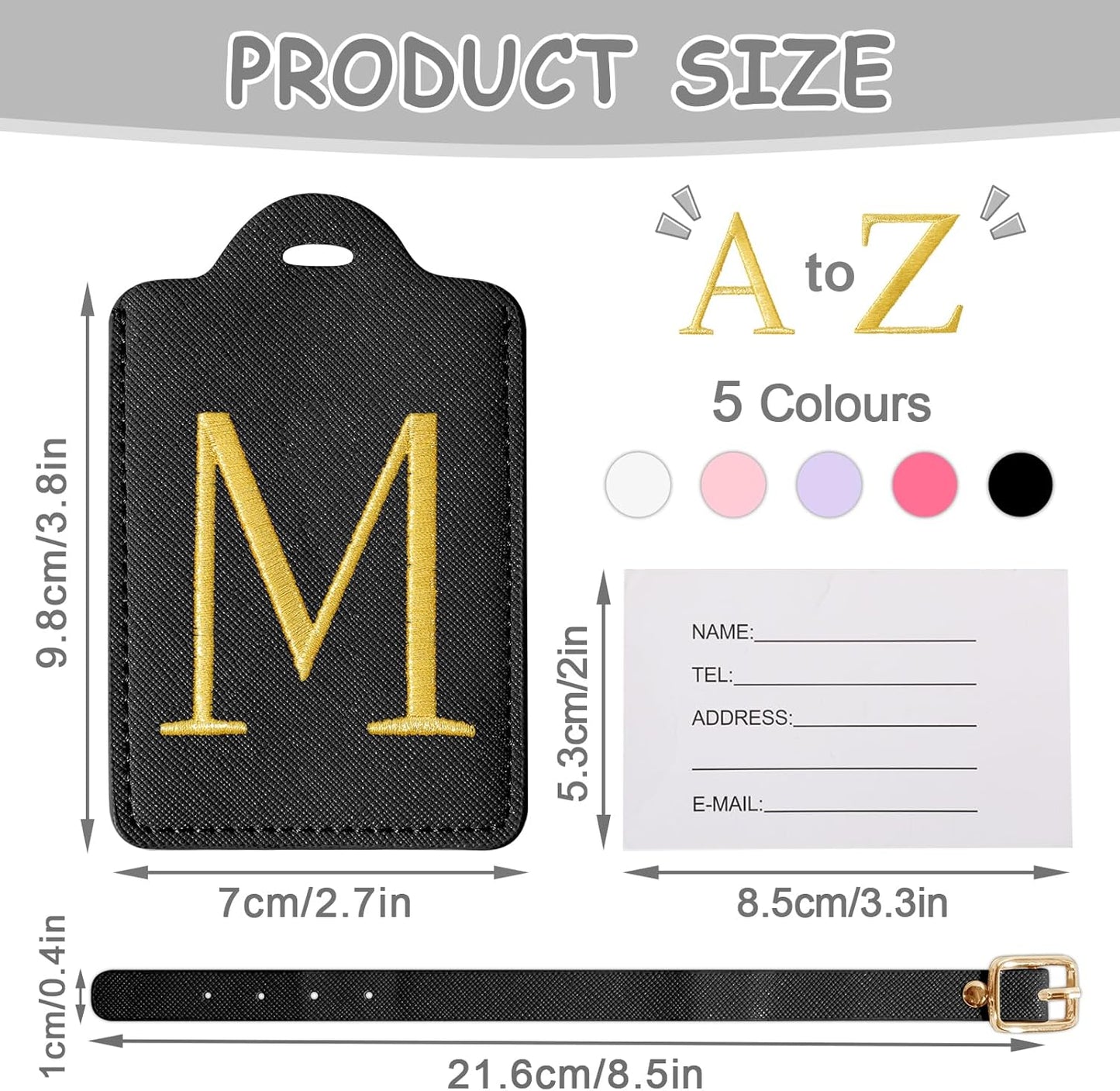 Personalized Initial Luggage Tags for Suitcases, Cute PU Leather Embroidered Letter Travel Luggage Tags, Suitcase Identifier Name Baggage Tag, Bag Tags for Men Women Kids Luggage Handbags(Black M)