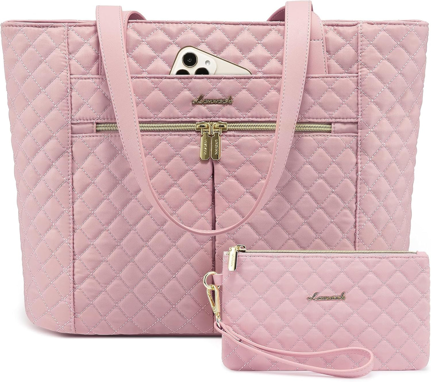 LOVEVOOK Laptop Bag for Women 17 inch,Diamond Quilted Work Tote Bags Womens Laptop Tote Bag Computer Shoulder Bags,Stylish Travel Tote Bags Laptop Purse Briefcase Handbag with Clutch Purse,Off-white